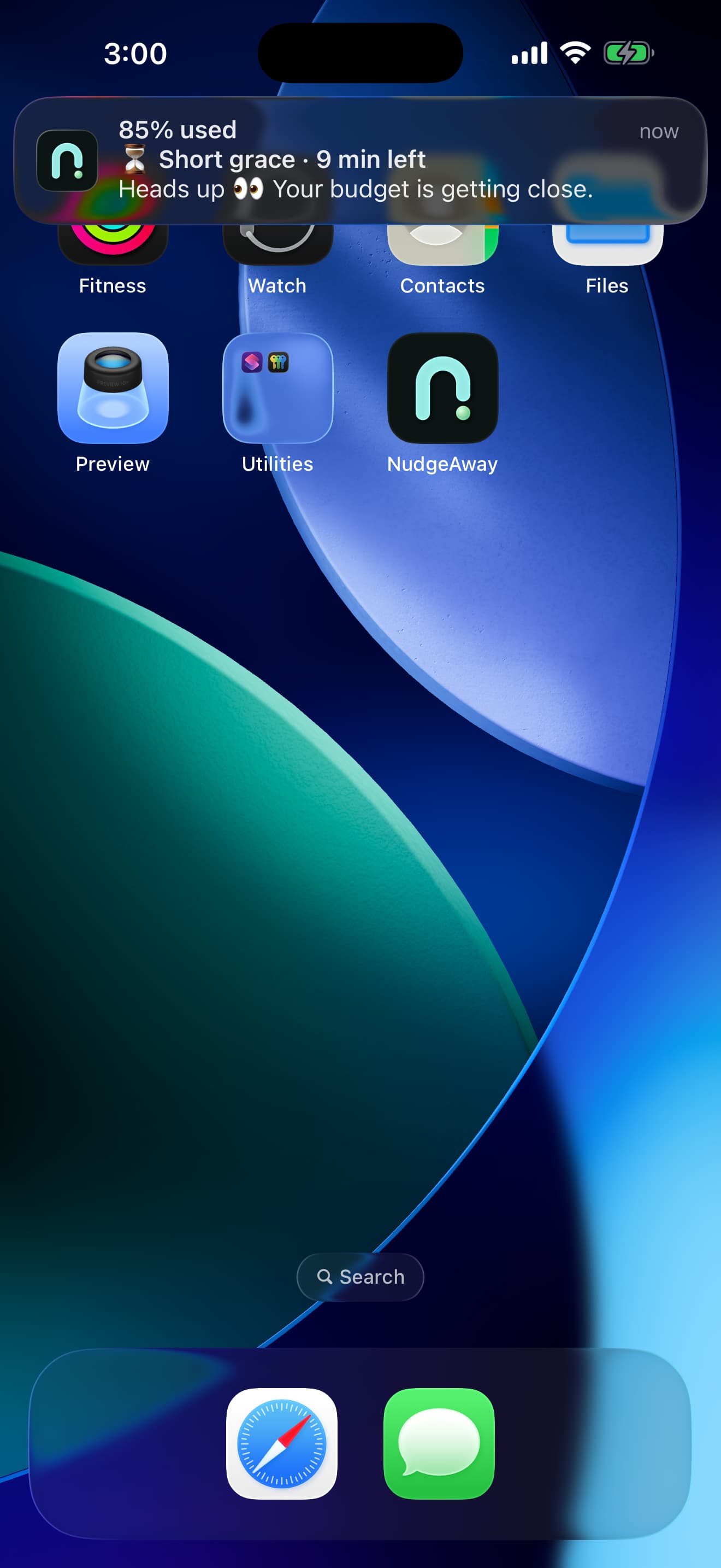 NudgeAway notification at 85% of the budget, with nine minutes left and the Short grace style.