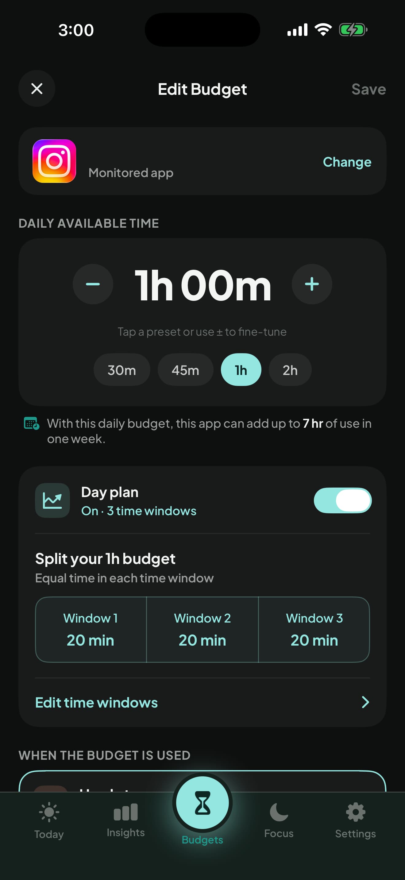 A one-hour daily budget divided into three equal twenty-minute windows.