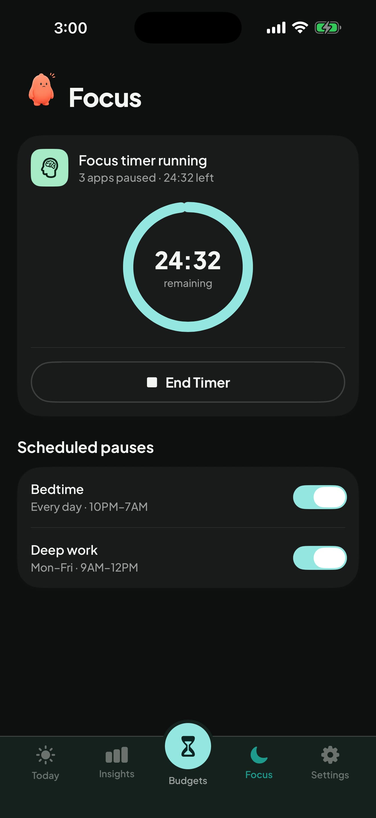 Active Focus timer with three apps paused, 24 minutes 32 seconds remaining, and scheduled bedtime and deep-work pauses.