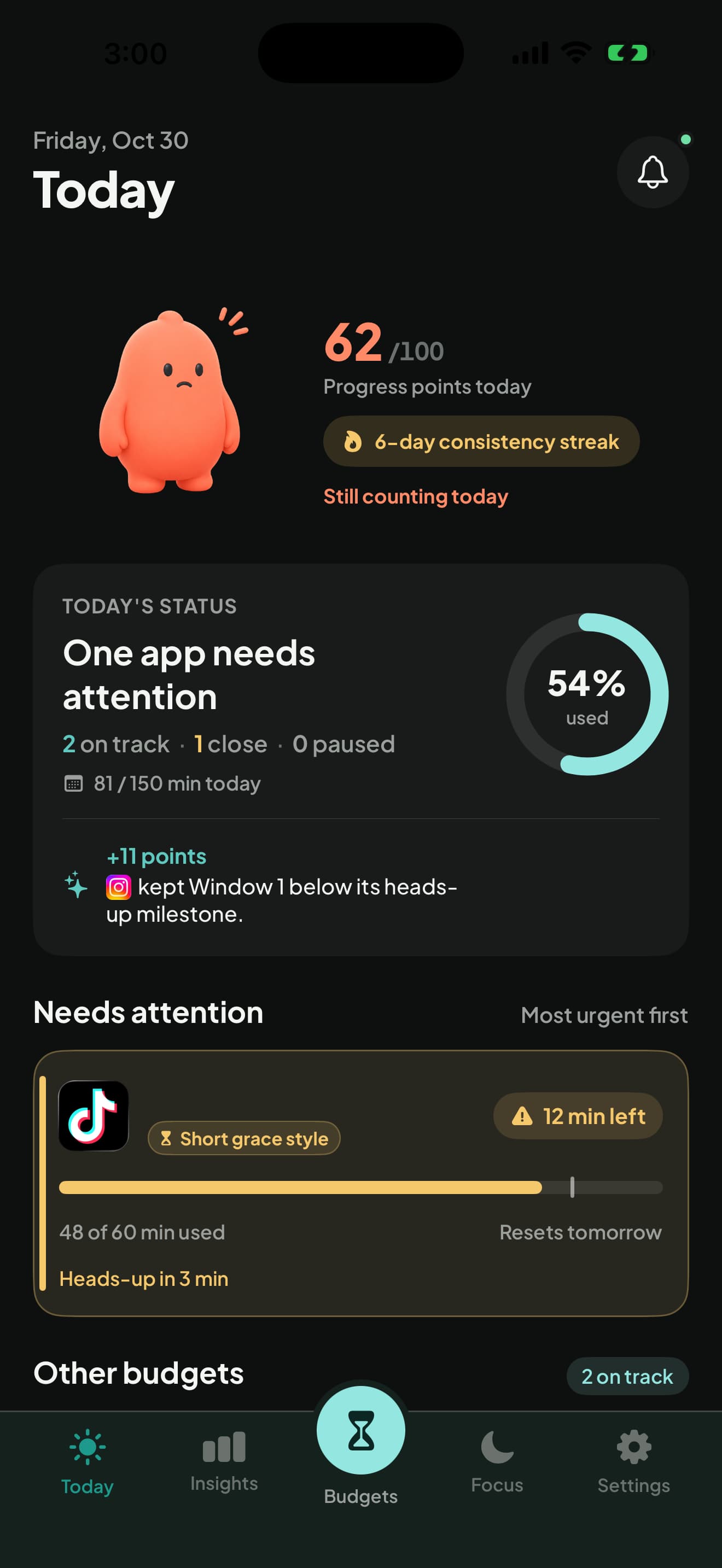 NudgeAway Today dashboard: 81 of 150 minutes used, two apps on track and one approaching its budget.