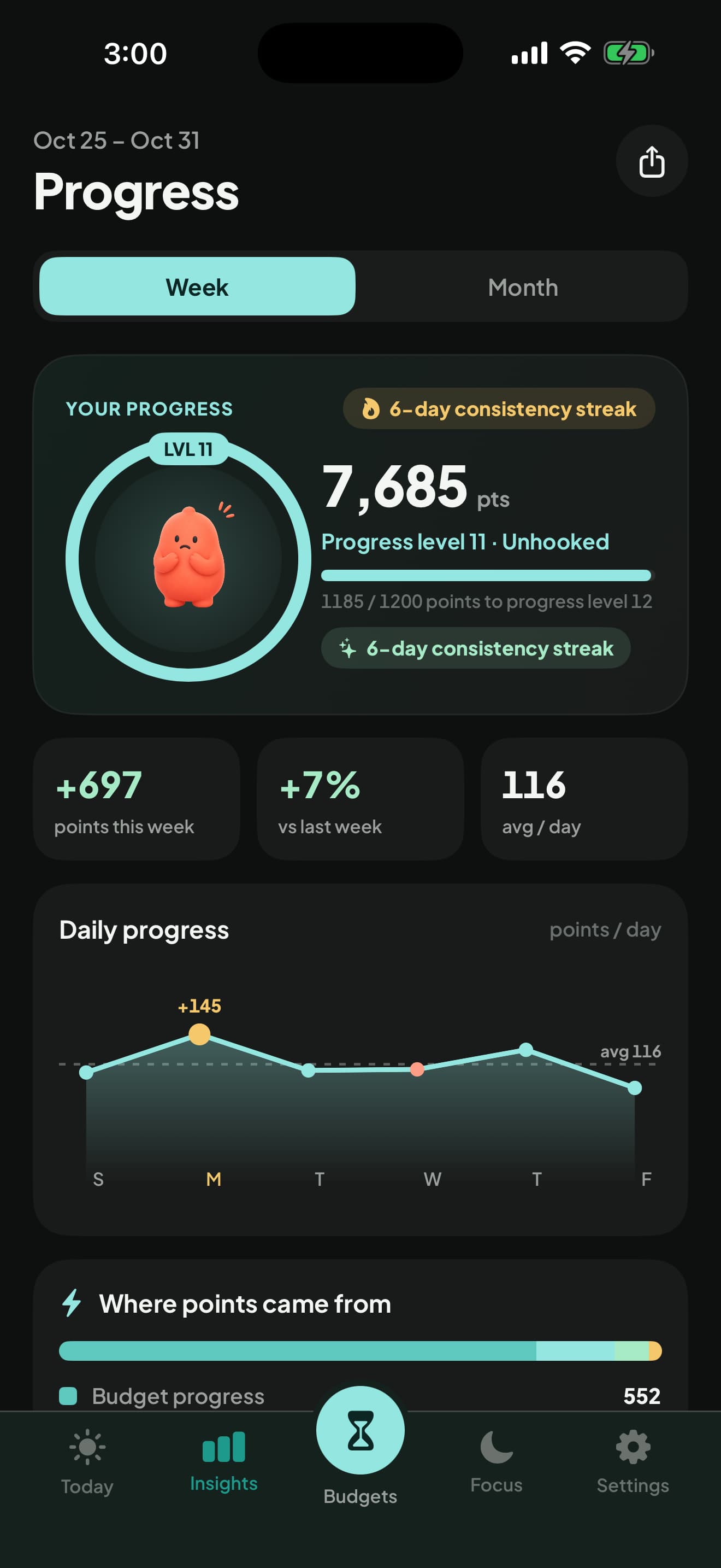 Weekly Progress screen showing 697 points this week, a six-day consistency streak and a daily progress chart.