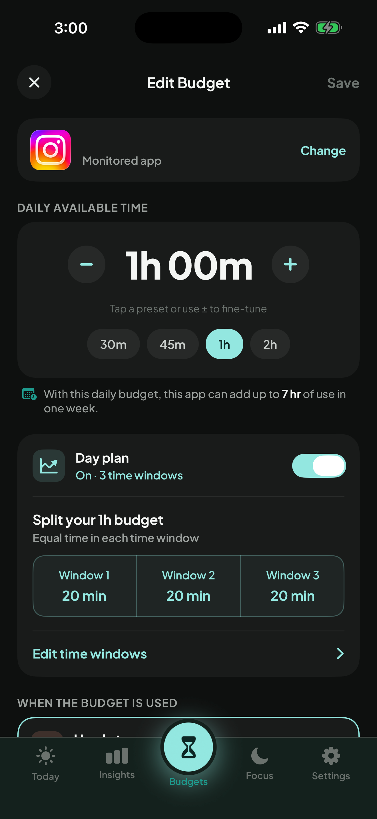 A one-hour daily budget divided into three equal twenty-minute windows.