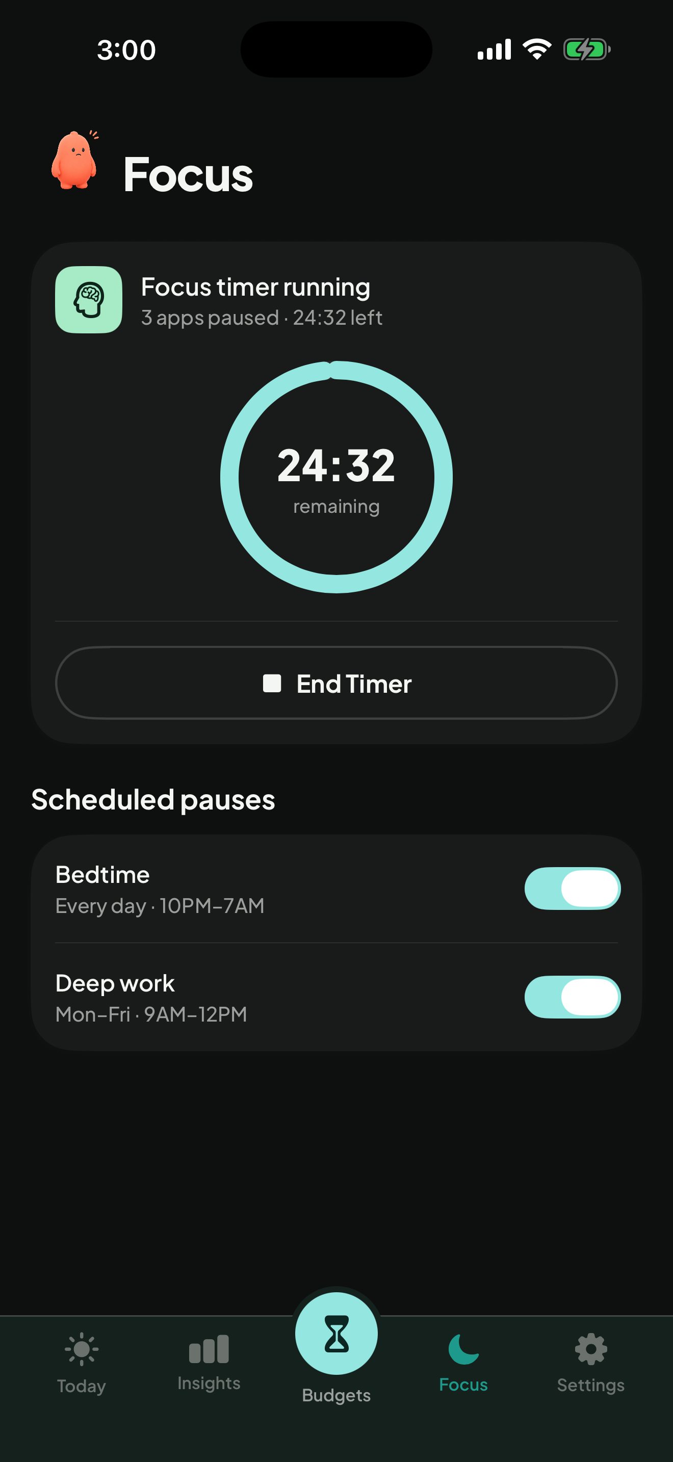 Active Focus timer with three apps paused, 24 minutes 32 seconds remaining, and scheduled bedtime and deep-work pauses.