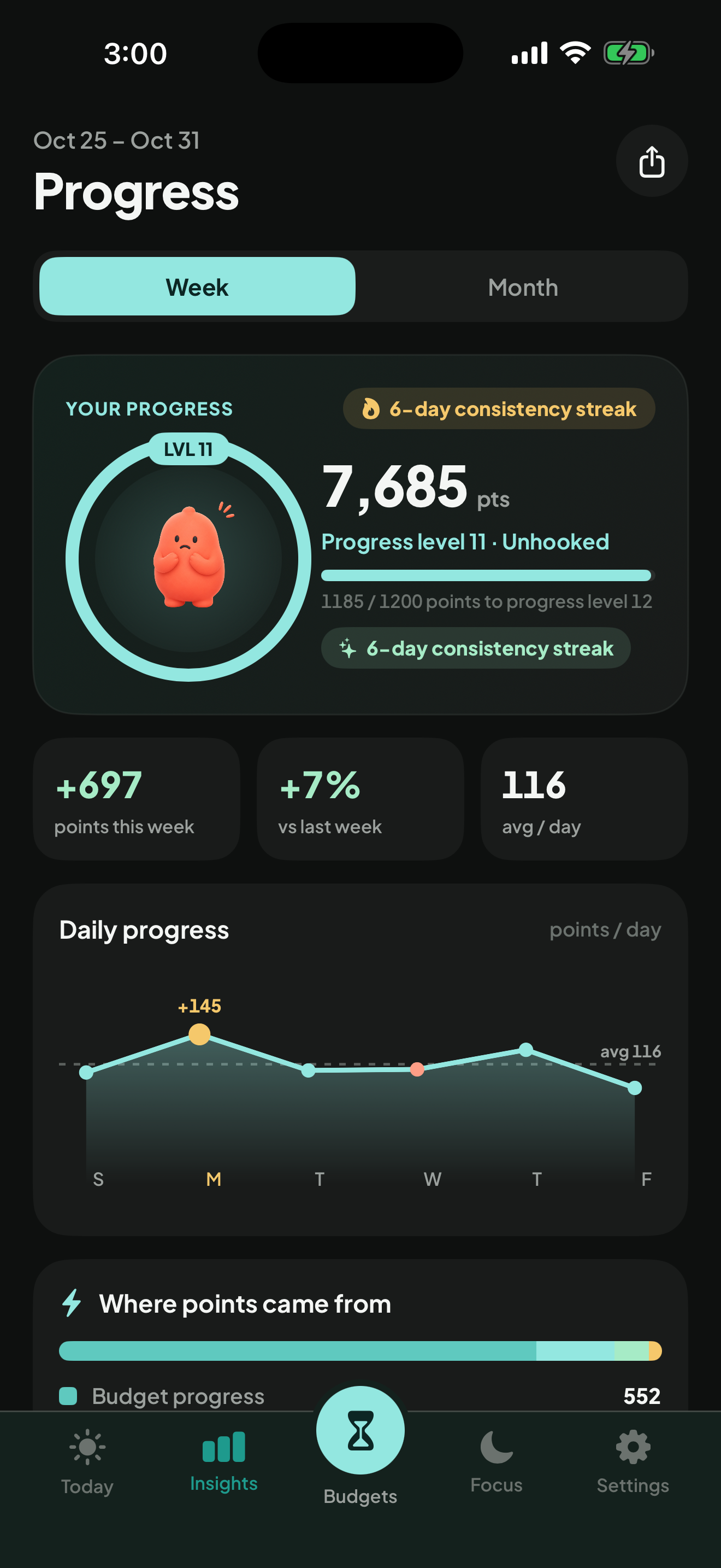 Weekly Progress screen showing 697 points this week, a six-day consistency streak and a daily progress chart.